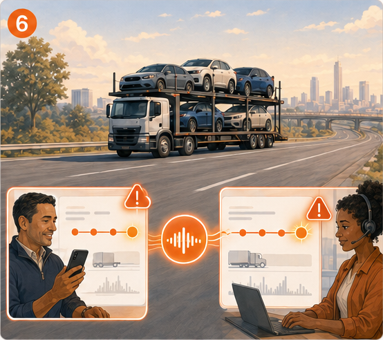 A loaded car hauler on the highway, with the shipper and a carrier dispatcher each seeing the same milestone and exception alerts.