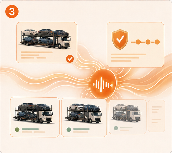 Illustrated cards showing car-hauler trucks and a screening checklist connected by glowing orange signal paths around a HAULIE™ waveform.