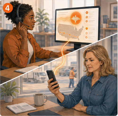 Split scene: a carrier dispatcher at a desk reviewing a routing screen while a shipper checks the same trip on her phone.