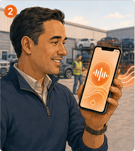 Close-up of the shipper holding a phone showing HAULIE™'s glowing orange voice interface.