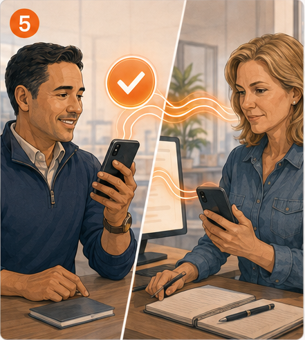 Split scene of a shipper and a carrier each approving terms on their own phone, with a glowing orange check mark between them.