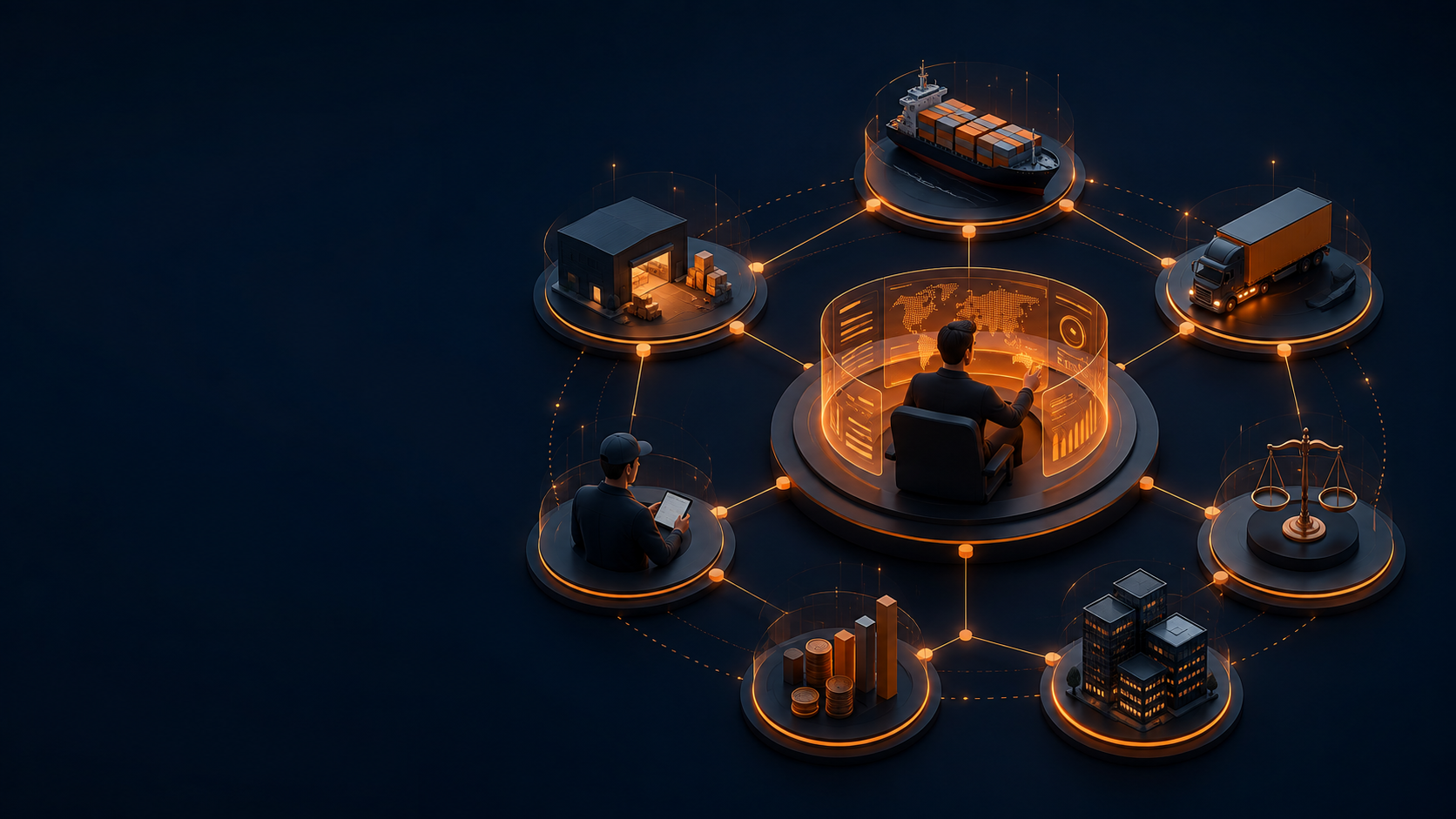 An illustrative governed freight network connecting shipper, carrier, port, operational, finance and accountability functions around human oversight.