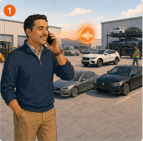 A shipper stands in a vehicle lot speaking to HAULIE™ on his phone, with a glowing orange voice waveform beside him.