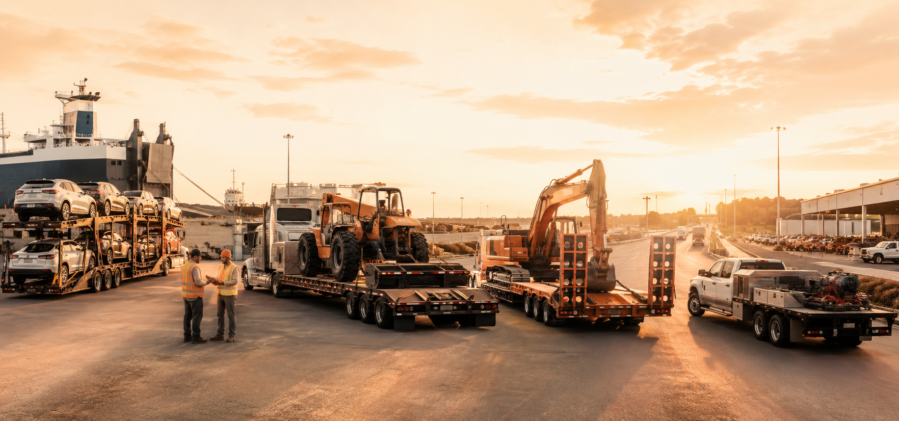 Specialized carrier equipment for vehicles, construction machinery and heavy equipment staged for a controlled freight pilot.